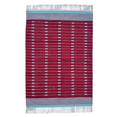 Handmade Blue And Red Cotton Modern Dhurrie For Home